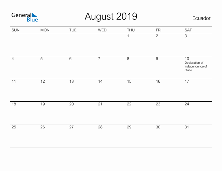 Printable August 2019 Calendar for Ecuador