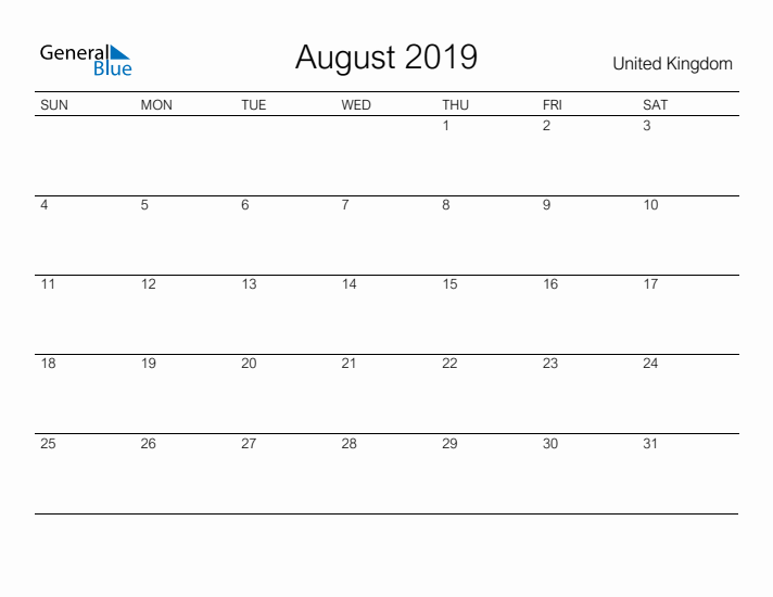 Printable August 2019 Calendar for United Kingdom