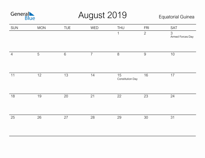 Printable August 2019 Calendar for Equatorial Guinea