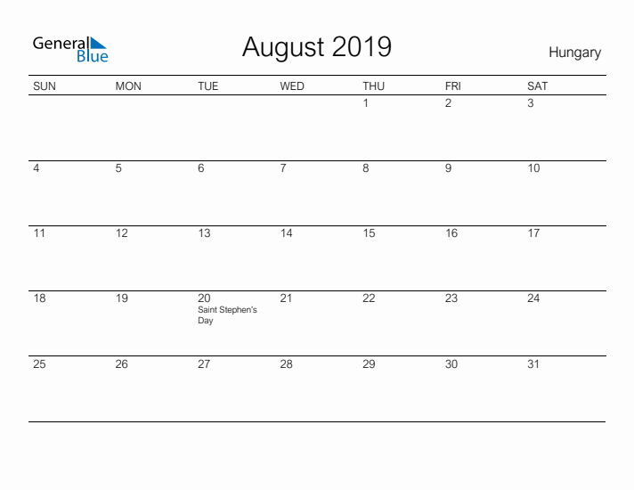 Printable August 2019 Calendar for Hungary