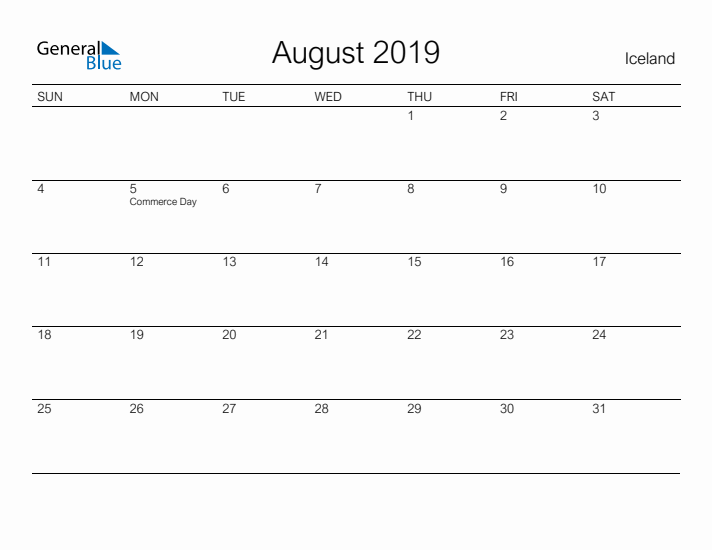 Printable August 2019 Calendar for Iceland