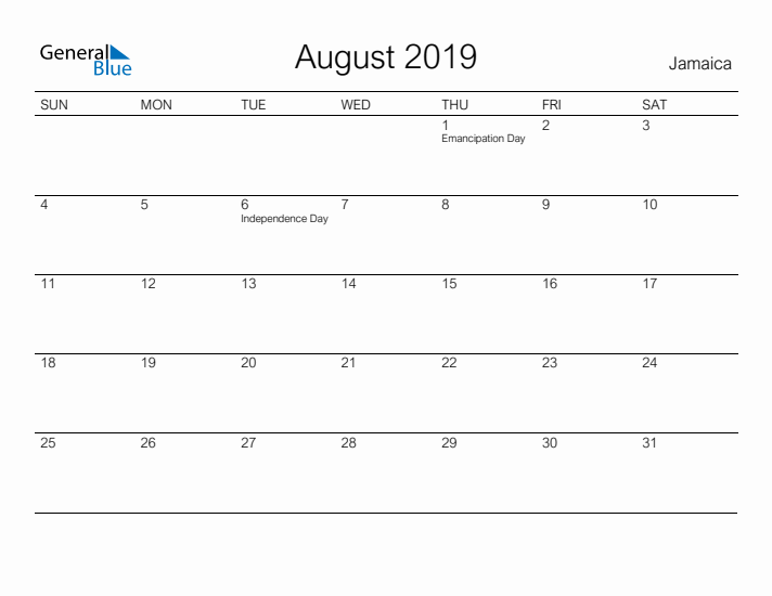 Printable August 2019 Calendar for Jamaica