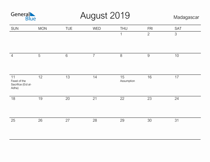 Printable August 2019 Calendar for Madagascar