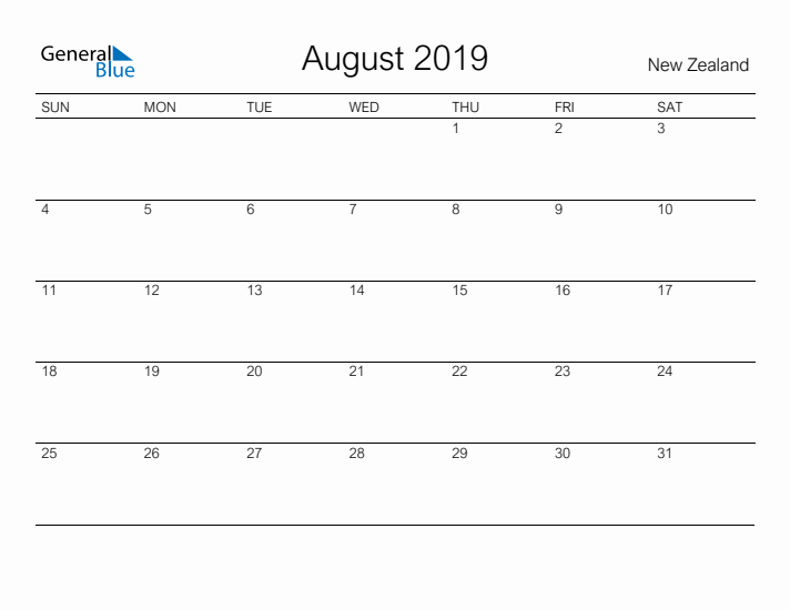 Printable August 2019 Calendar for New Zealand