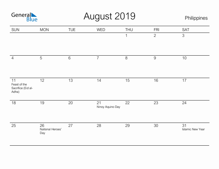 Printable August 2019 Calendar for Philippines