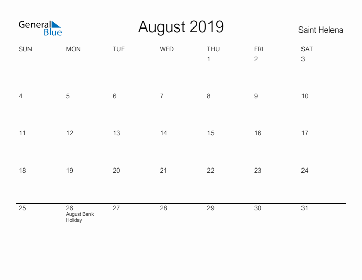 Printable August 2019 Calendar for Saint Helena