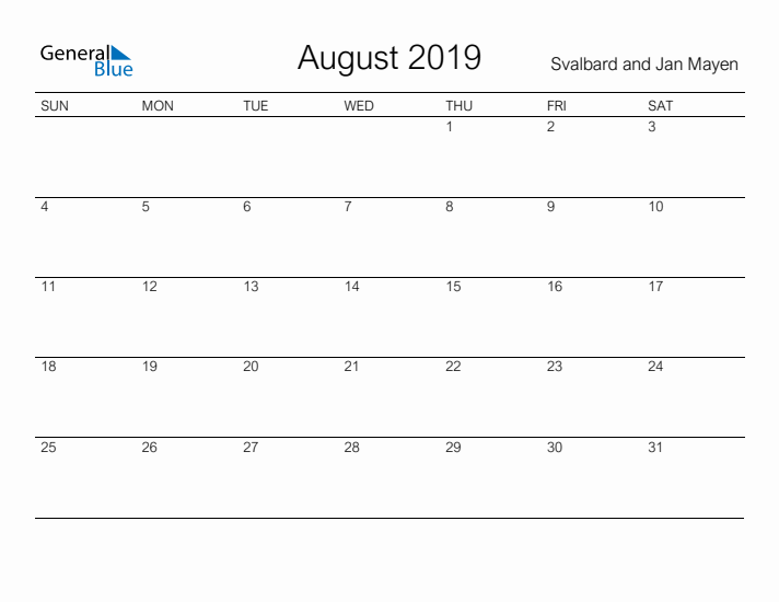 Printable August 2019 Calendar for Svalbard and Jan Mayen