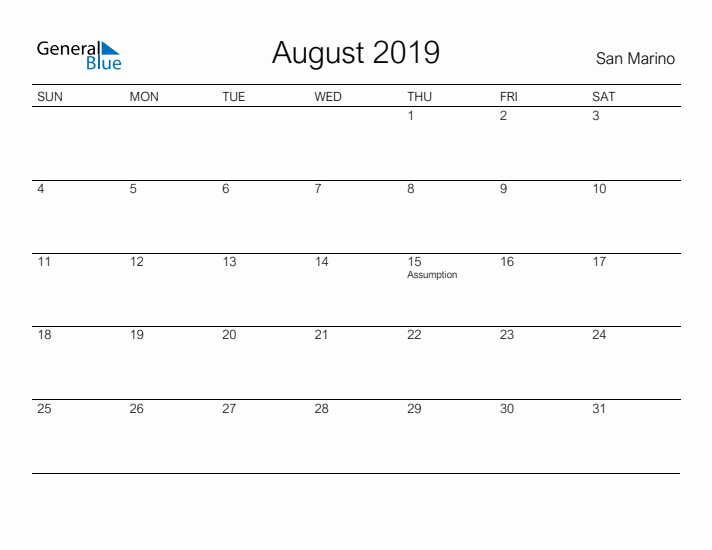 Printable August 2019 Calendar for San Marino