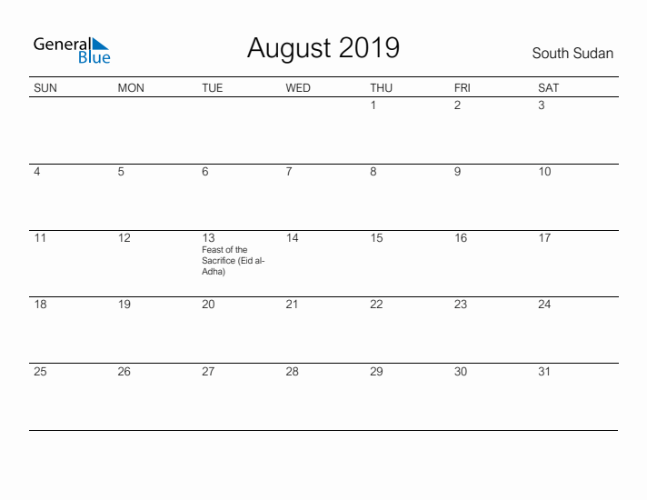 Printable August 2019 Calendar for South Sudan