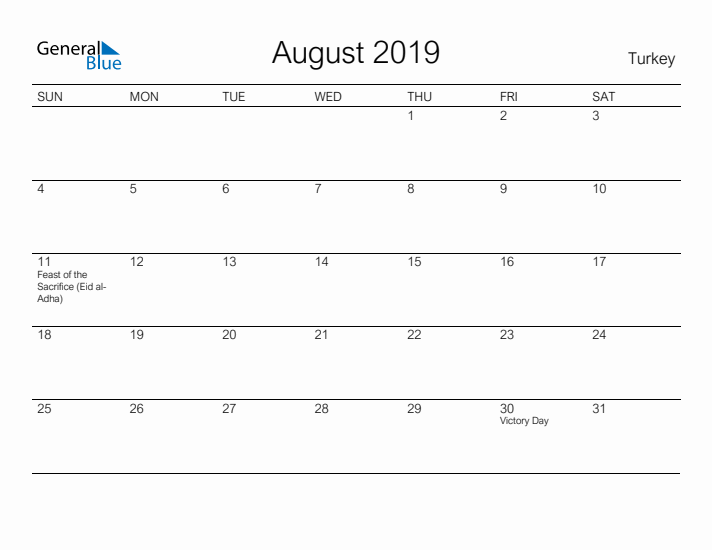 Printable August 2019 Calendar for Turkey