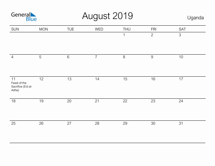 Printable August 2019 Calendar for Uganda