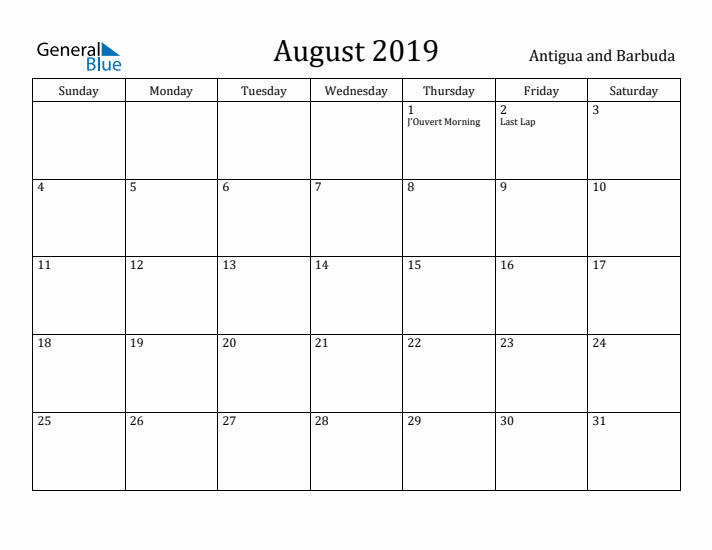 August 2019 Calendar Antigua and Barbuda