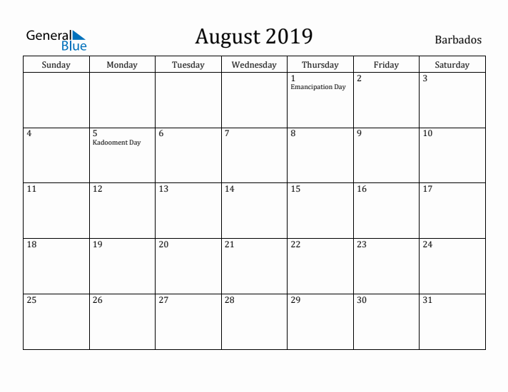 August 2019 Calendar Barbados