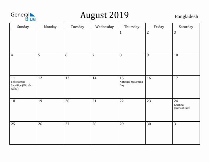 August 2019 Calendar Bangladesh