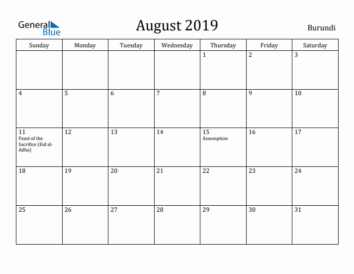 August 2019 Calendar Burundi