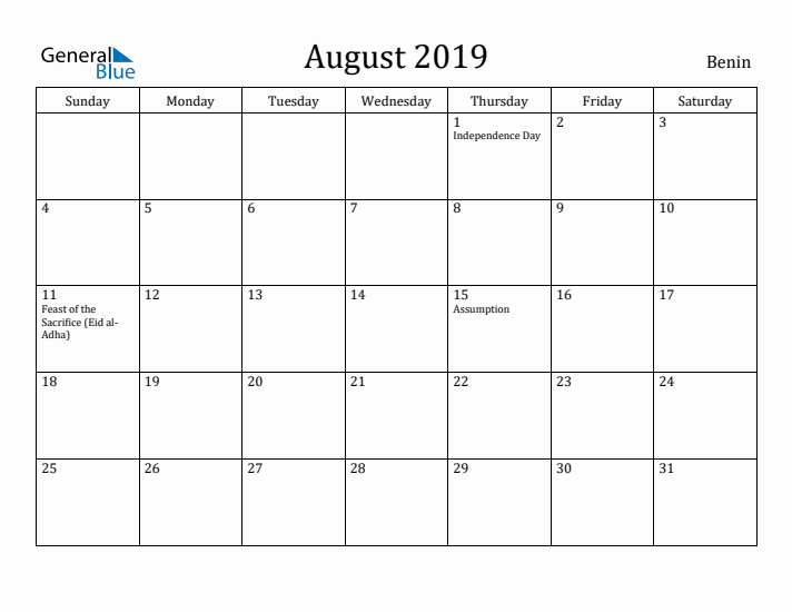 August 2019 Calendar Benin