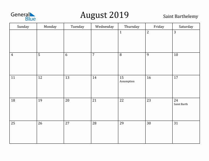 August 2019 Calendar Saint Barthelemy