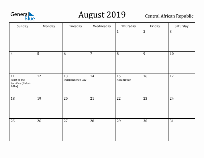 August 2019 Calendar Central African Republic