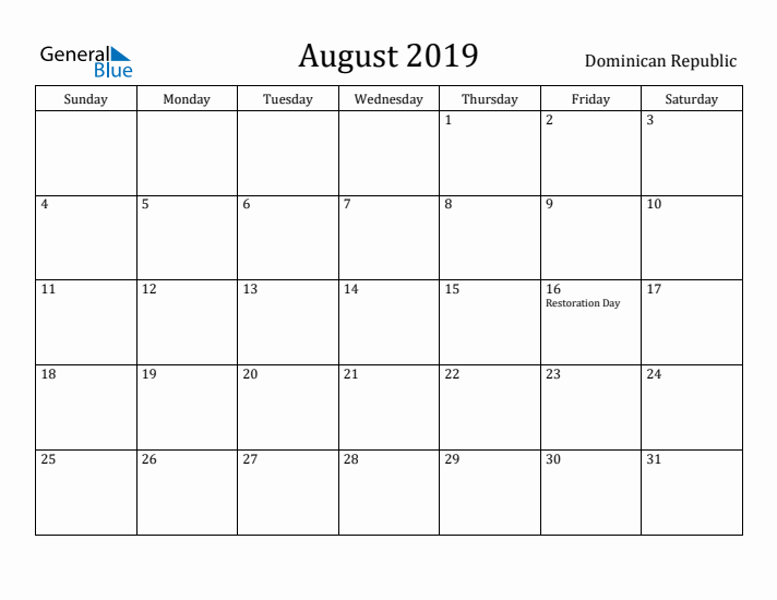 August 2019 Calendar Dominican Republic