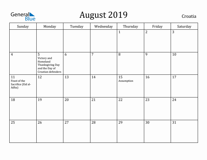 August 2019 Calendar Croatia