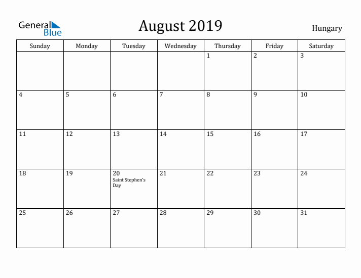 August 2019 Calendar Hungary