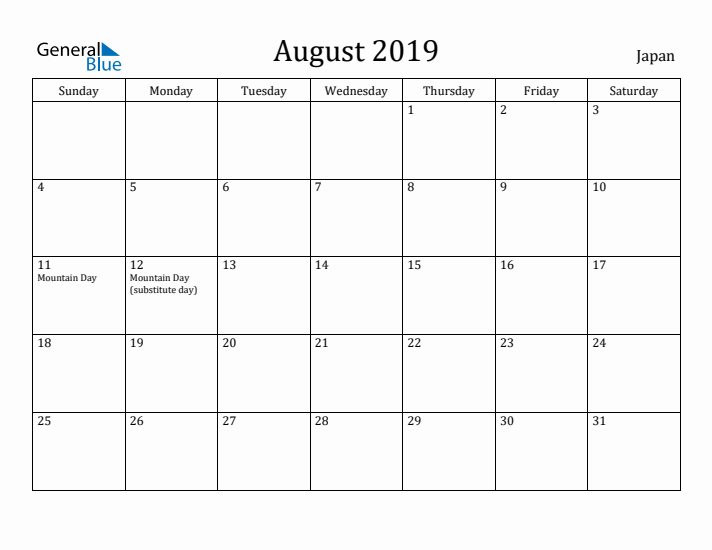 August 2019 Calendar Japan