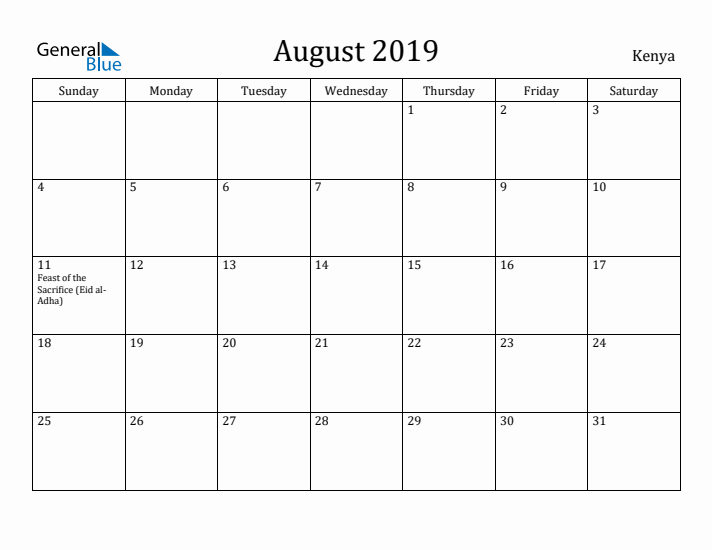 August 2019 Calendar Kenya