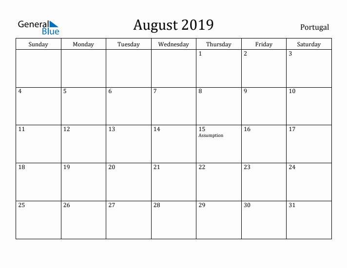 August 2019 Calendar Portugal