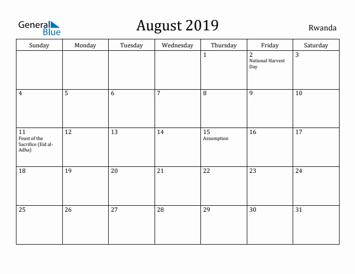 August 2019 Calendar Rwanda