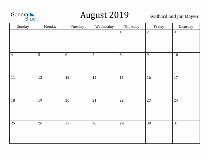 August 2019 Calendar Svalbard and Jan Mayen