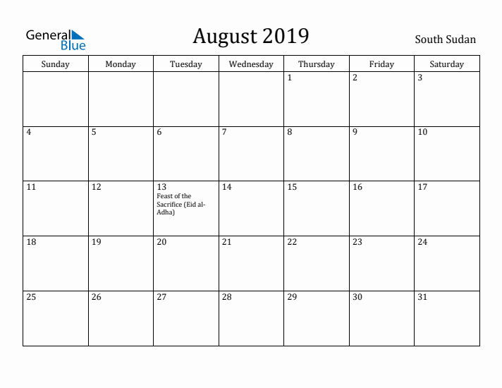 August 2019 Calendar South Sudan