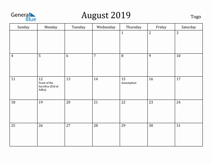 August 2019 Calendar Togo