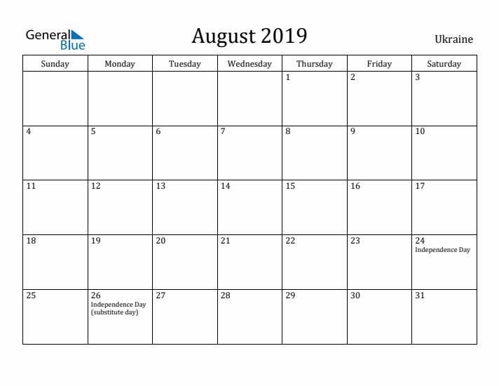 August 2019 Calendar Ukraine