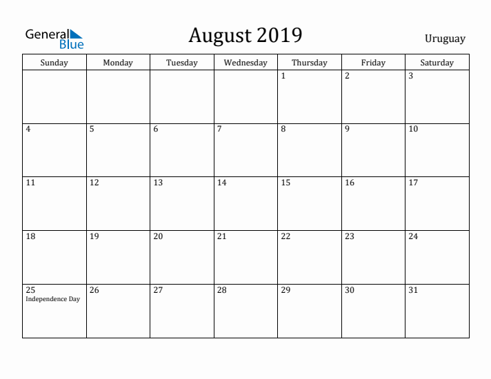 August 2019 Calendar Uruguay