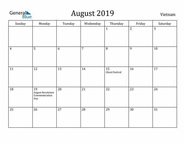 August 2019 Calendar Vietnam