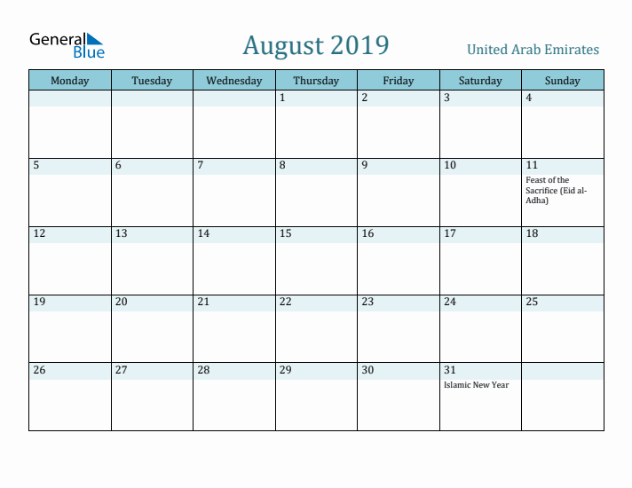 August 2019 Calendar with Holidays