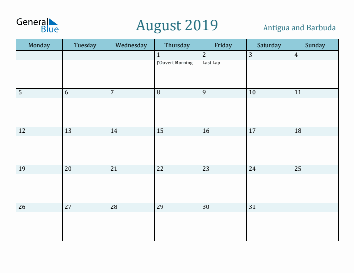 August 2019 Calendar with Holidays