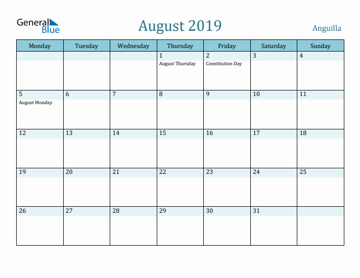 August 2019 Calendar with Holidays