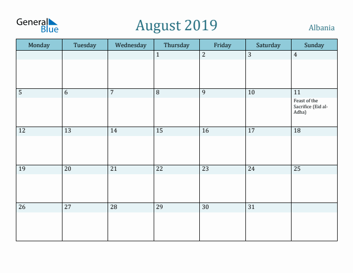 August 2019 Calendar with Holidays