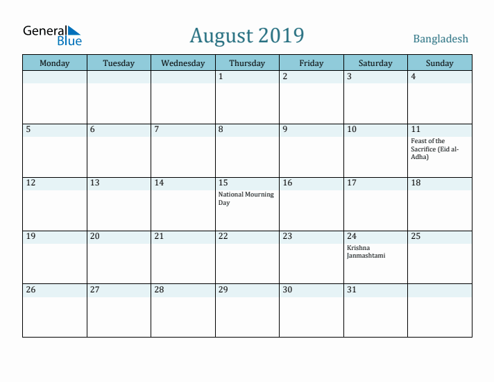 August 2019 Calendar with Holidays