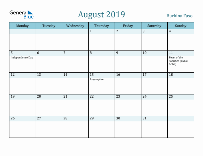 August 2019 Calendar with Holidays