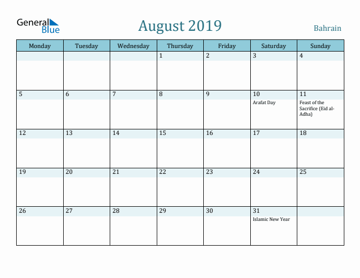 August 2019 Calendar with Holidays