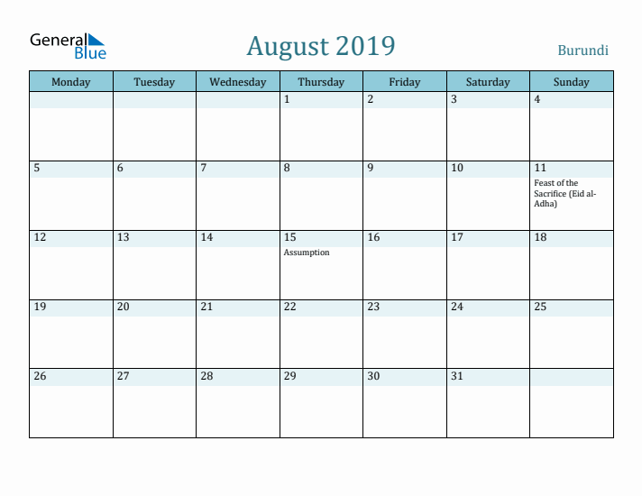 August 2019 Calendar with Holidays