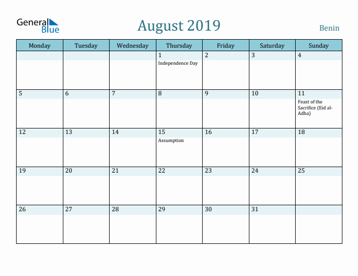 August 2019 Calendar with Holidays