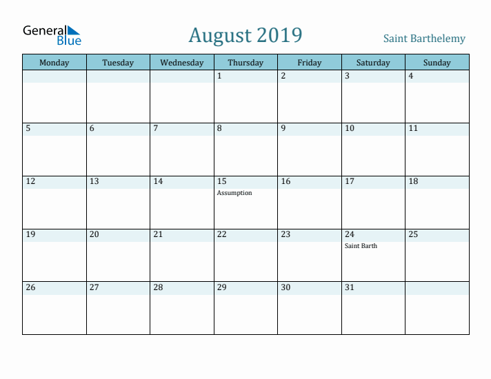 August 2019 Calendar with Holidays