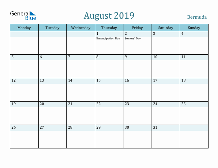 August 2019 Calendar with Holidays