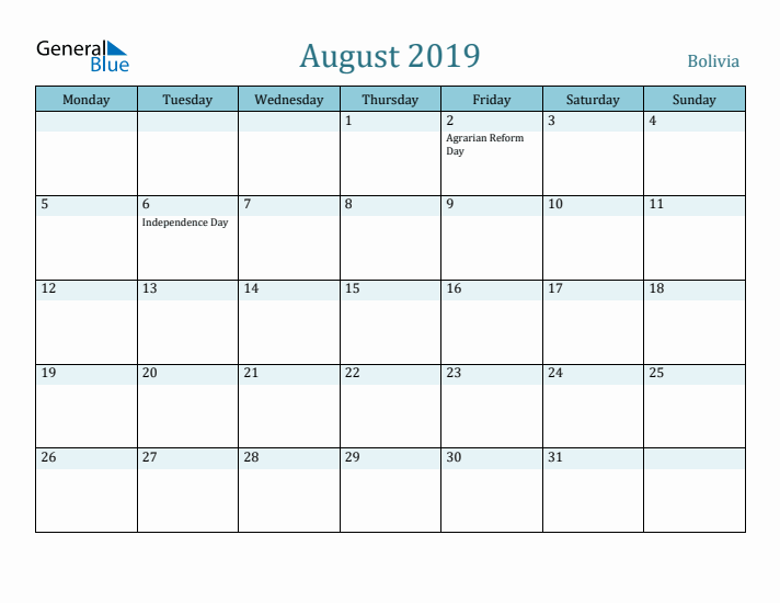 August 2019 Calendar with Holidays