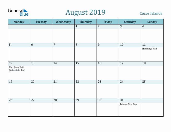 August 2019 Calendar with Holidays