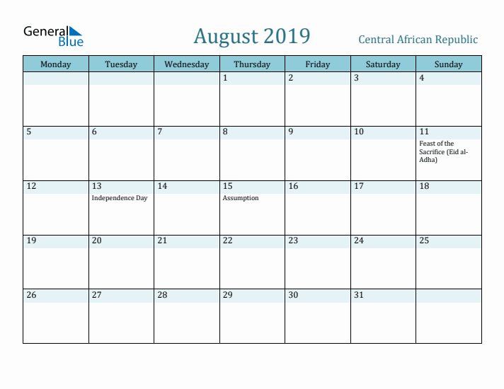 August 2019 Calendar with Holidays