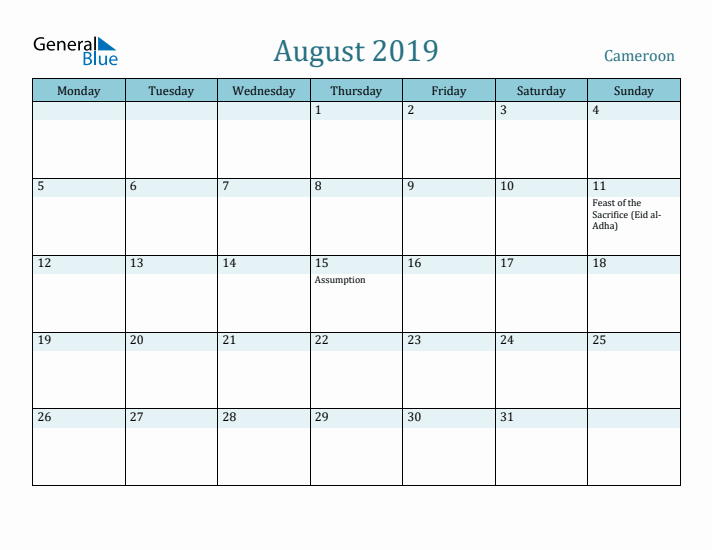 August 2019 Calendar with Holidays